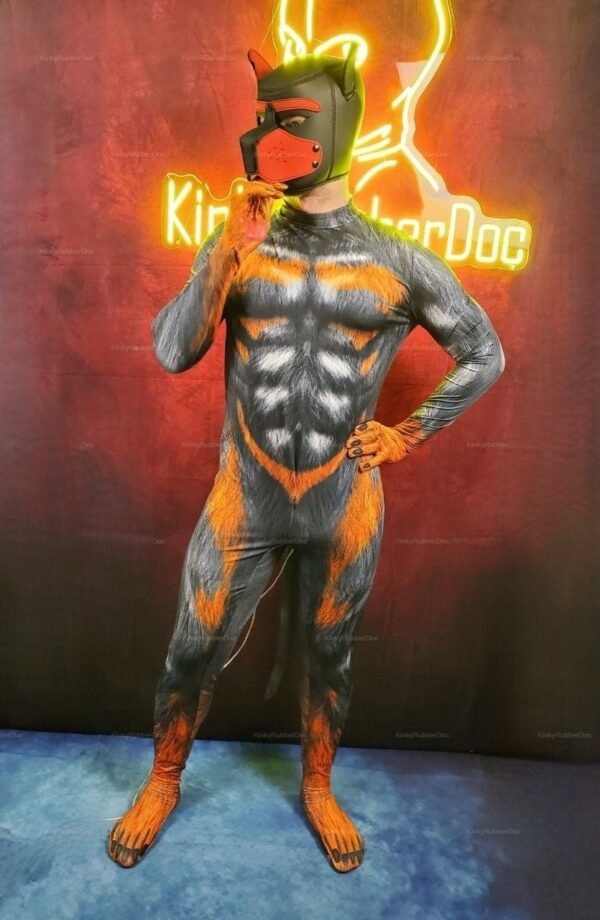 Anthro-style pet play bodysuit with a sleek fur pattern and vibrant orange accents.