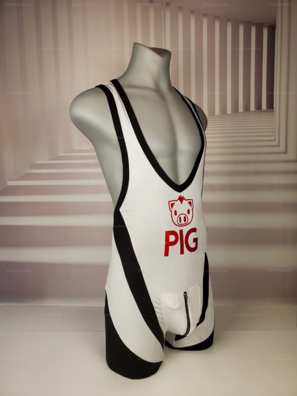 White and black pig-themed singlet with bold red lettering and zipper detail.