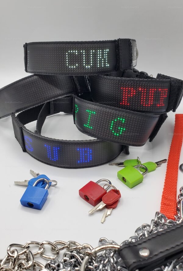 Black LED display collars with colorful text and matching padlocks, featuring keys and chain accessories.