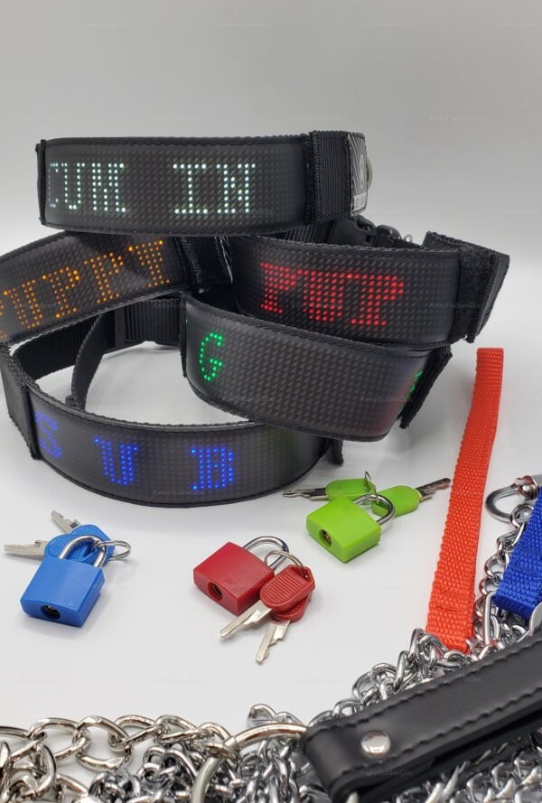 Programmable LED bondage collar set with colorful padlocks and chains.