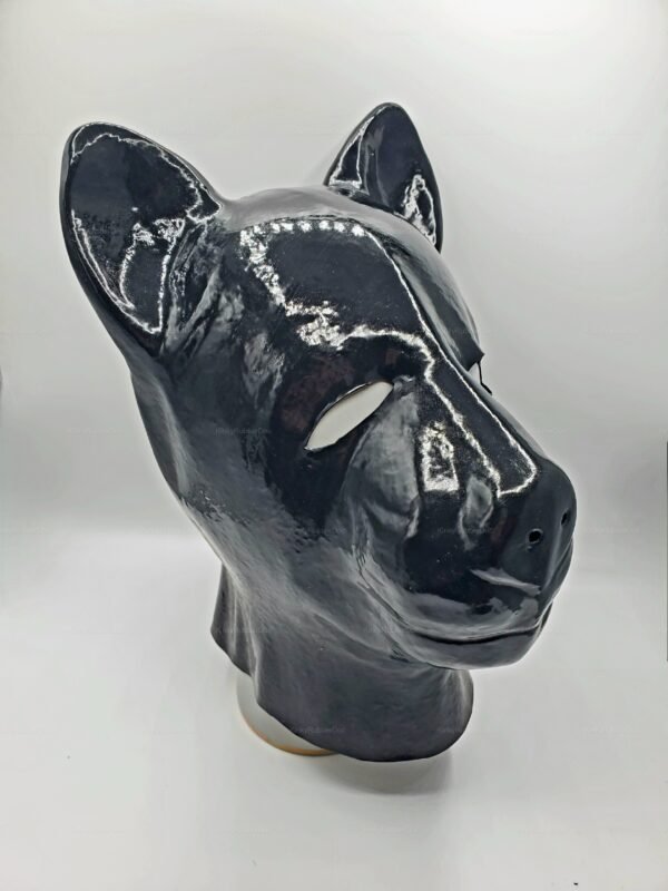 Glossy black latex puppy play hood with pointed ears and zippered back.