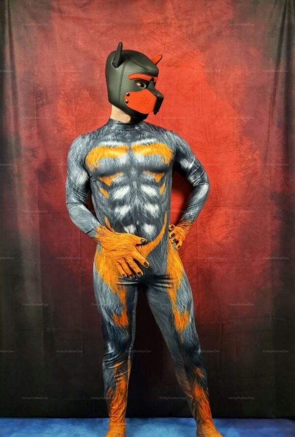 Gray and orange spandex puppy play costume with a sleek, muscular design and matching headgear.