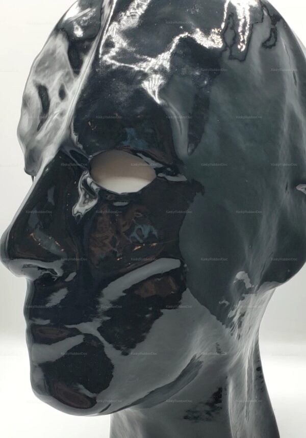 Glossy black latex hood with eye openings, offering a sleek and mysterious allure.