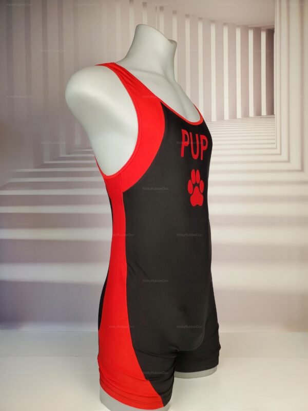Red and black spandex singlet with "Pup" and paw print design.