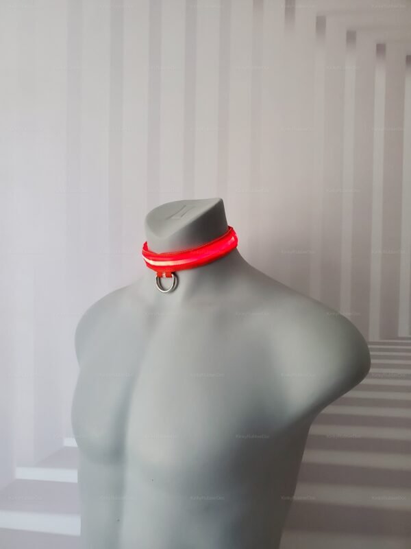 Red LED collar with nylon material and metal ring for pup cosplay and puppy play.