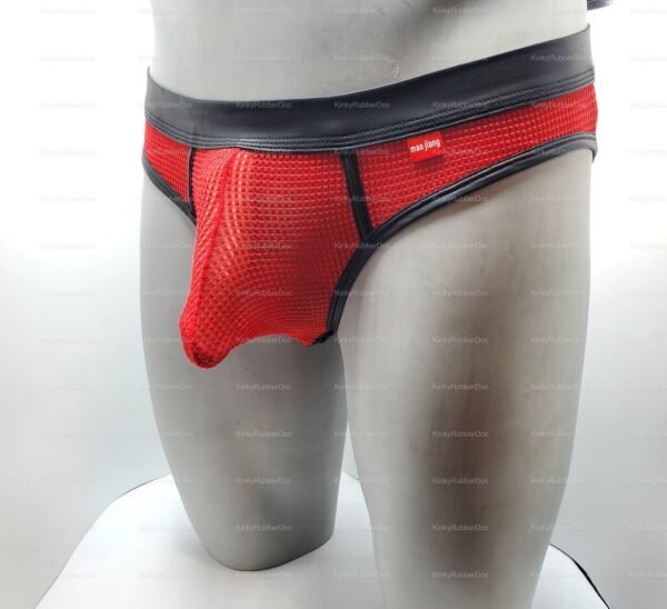 Red mesh jockstrap with black trim for erotic fashion.