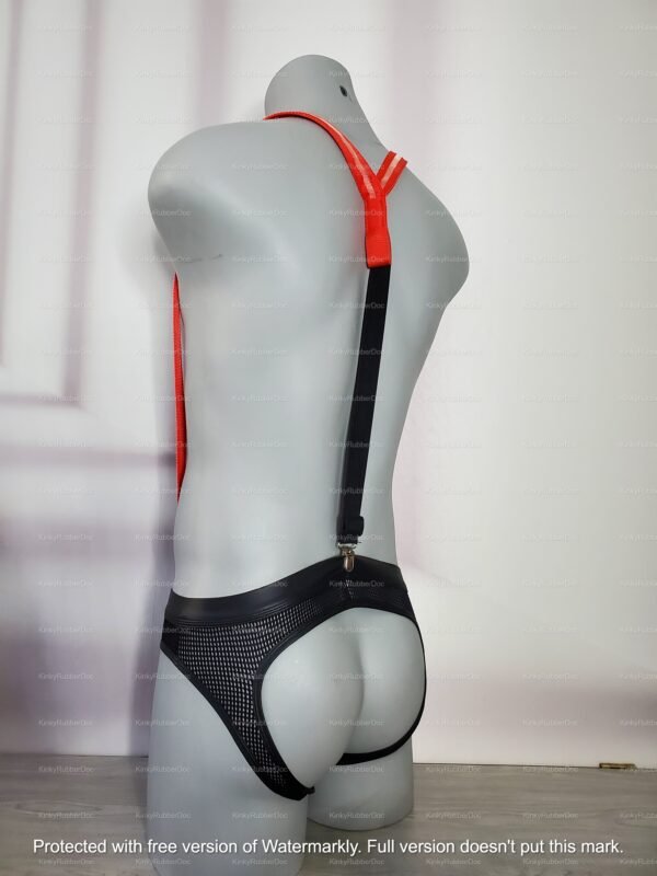 Back view of mannequin wearing red LED suspenders clipped to mesh underwear, Y-shaped design