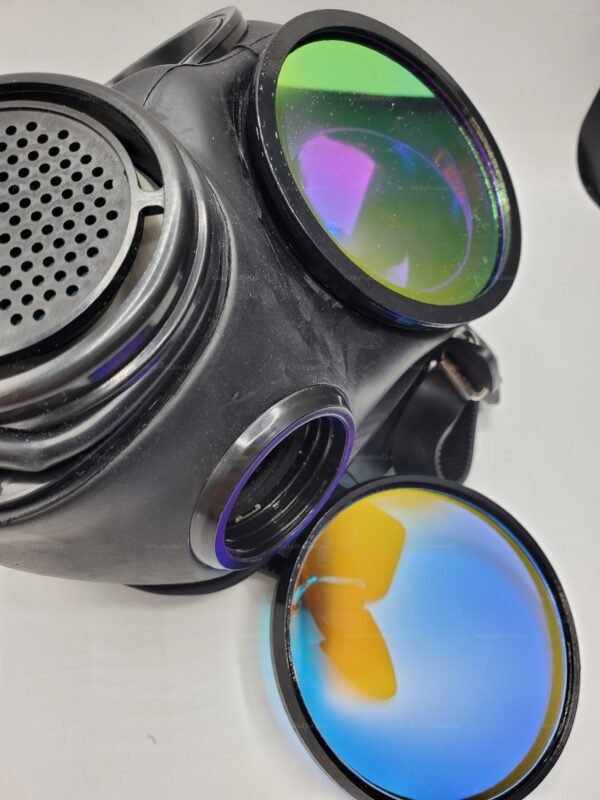 Reflective lens covers on a black gas mask, featuring vibrant, multicolor hues for a striking and edgy look.