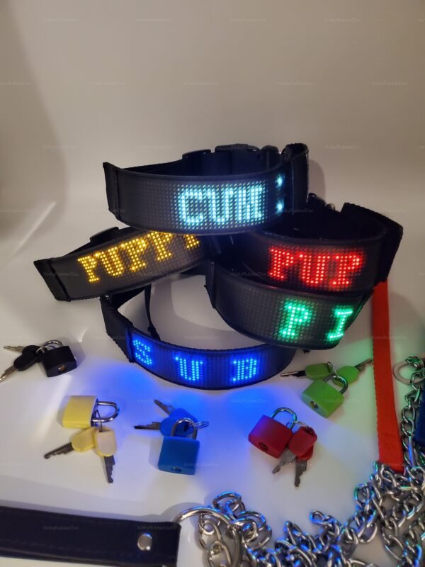 Custom text LED Display Collar with padlocks and chain leashes in multiple colors – programmable kink accessories