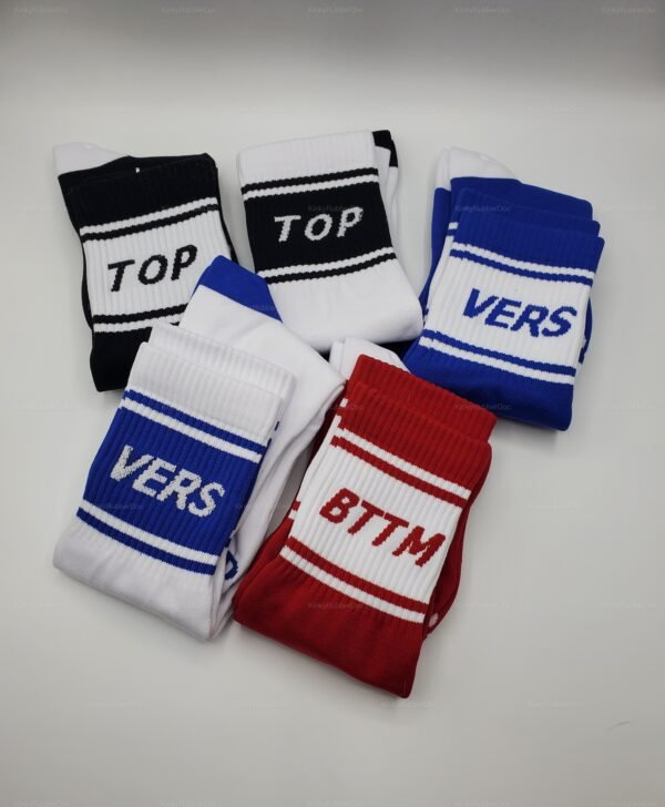Roleplay High-Knee Socks in black, blue, red, and white, embroidered with “TOP,” “VERS,” and “BTTM” roleplay labels