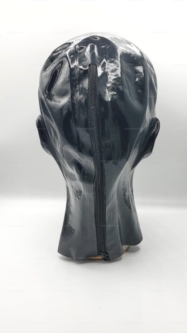 Shiny black latex hood with zipper closure for snug fit.