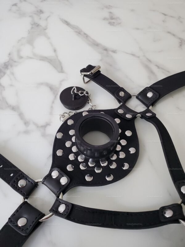 Black leather fetish mask with metal studs and rubber ring.