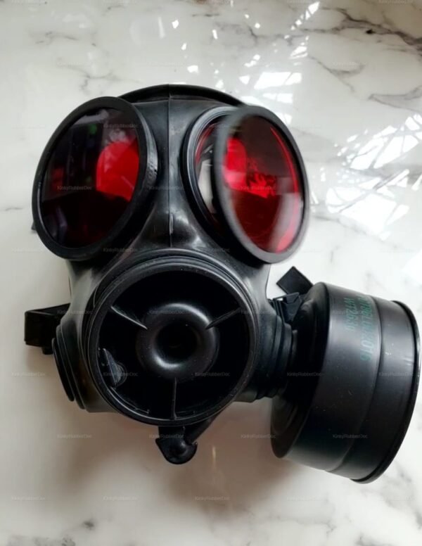 S10 gas mask with red lens covers installed, black filter attached