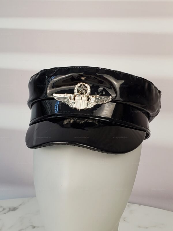 Shiny black PVC officer hat with silver badge.