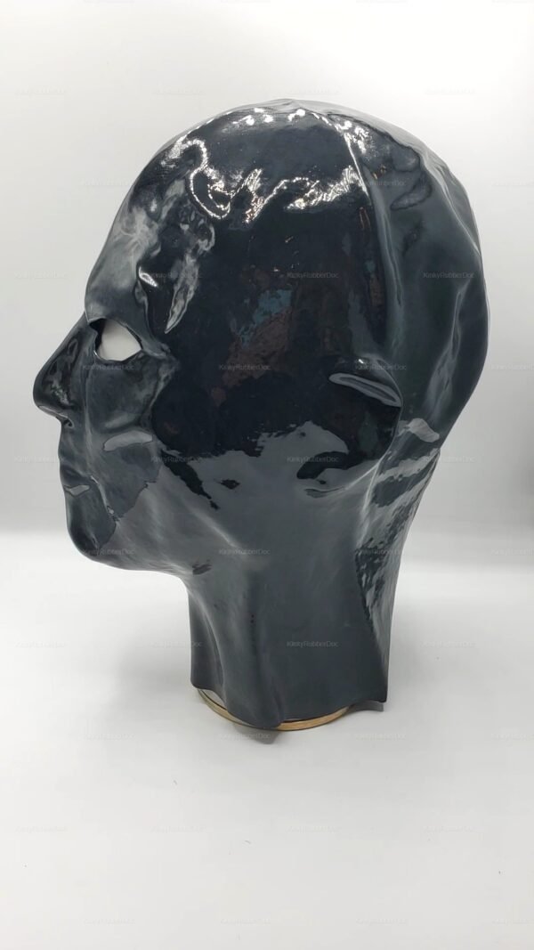 Shiny black latex hood with a sleek finish and zipper back.