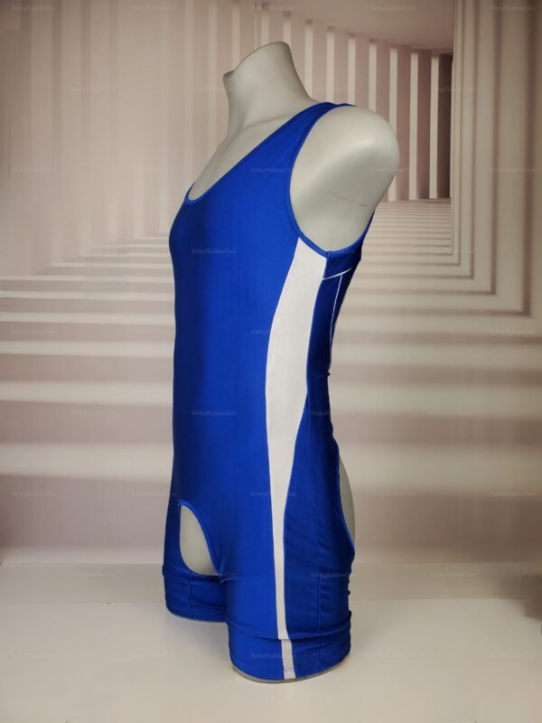 Blue and white open-front singlet designed for fetish parties and cosplay.