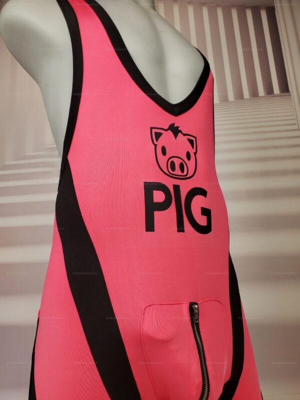 Vibrant pink and black open-front singlet with bold lettering and playful design.