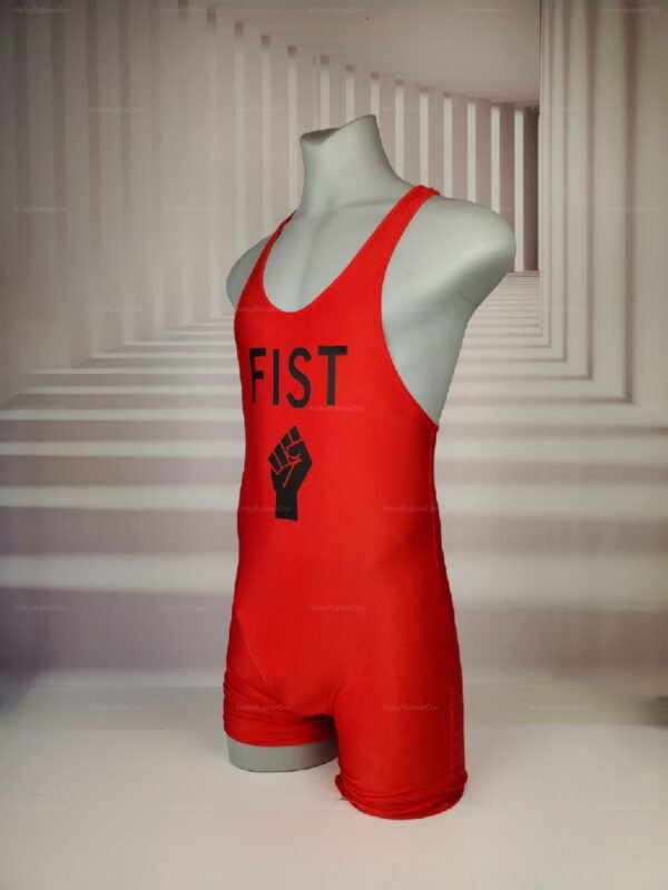 Bold red singlet with "FIST" design, crafted for a provocative and empowering look.