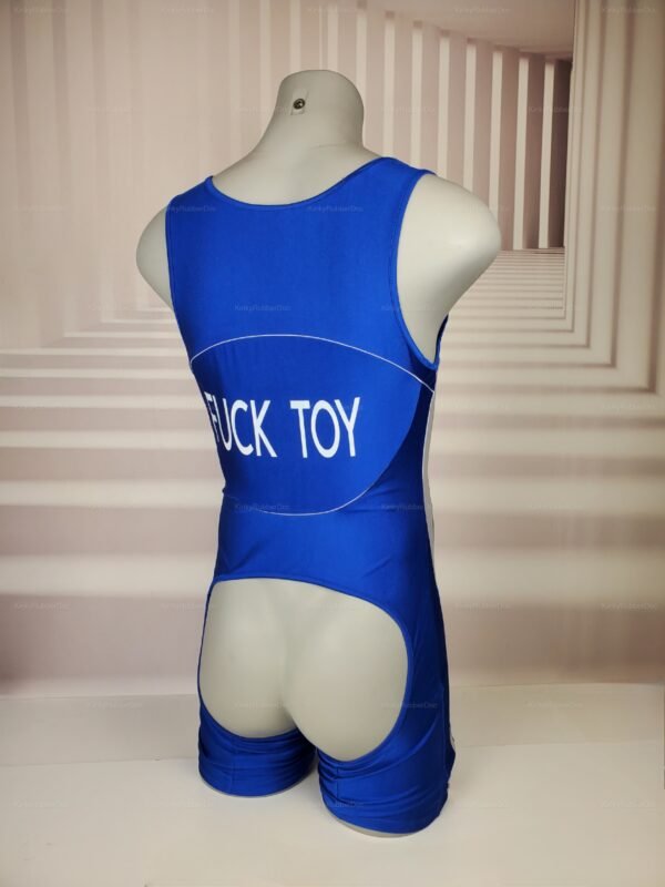 Blue open-back singlet with bold text, designed for a daring and playful vibe.