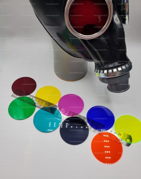 A collection of colorful transparent replacement lenses for a black rubber gas mask with RD40mm thread.