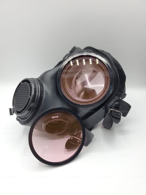 Black gas mask with removable tinted lens covers, featuring a sleek, edgy design for fetish fashion enthusiasts.