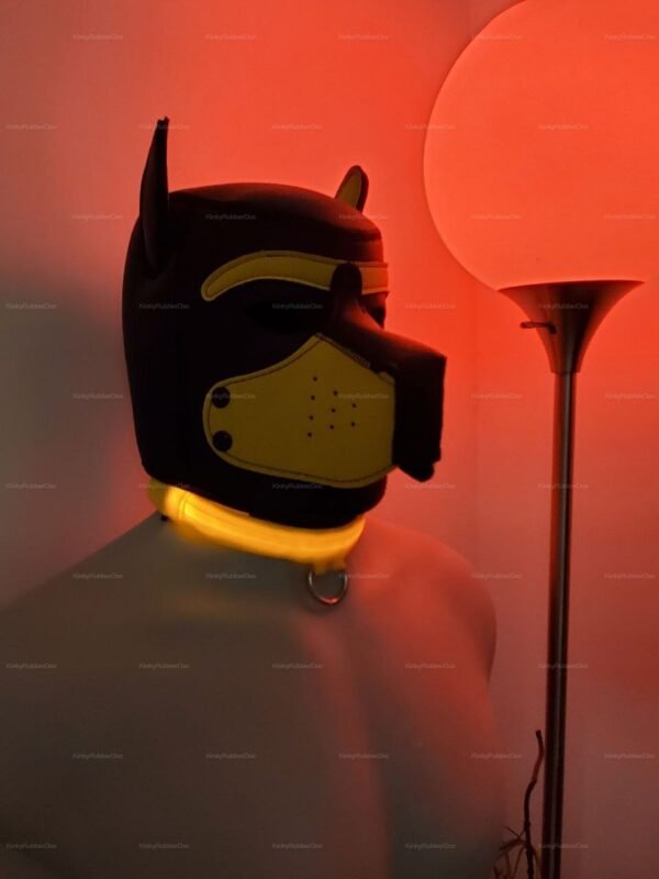 Yellow LED neon collar with black pup play hood against a red-lit backdrop.