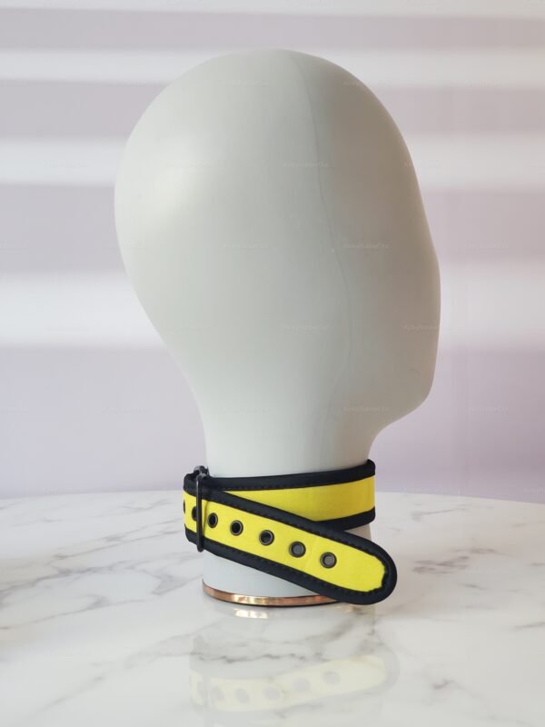 Yellow and black neoprene collar with adjustable strap and metal eyelets.