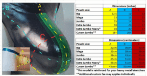 Glossy black latex pouch with detailed size chart for custom fit.