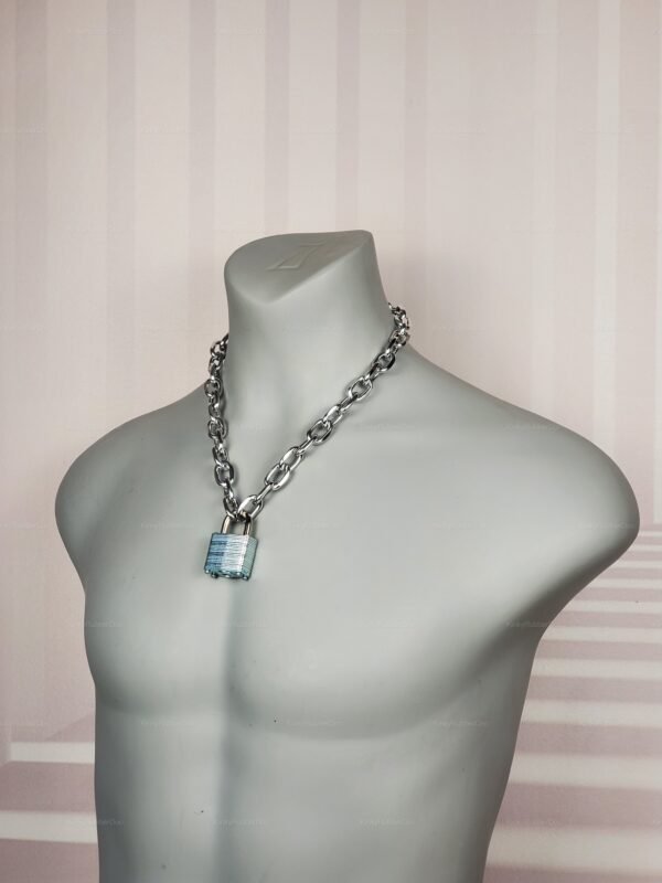 Silver chain collar with heavy-duty lock, perfect for fetish wear.