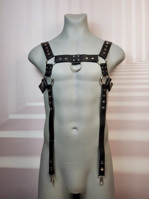Black adjustable leather harness suspenders with metal rings and rivet accents.