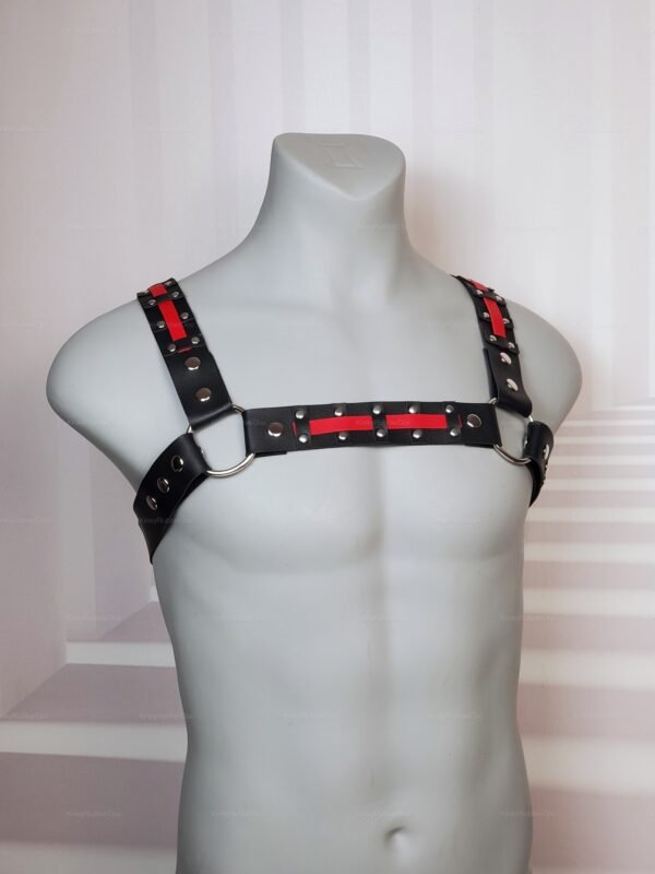 Close-up of black leather harness with red accents and metal studs.