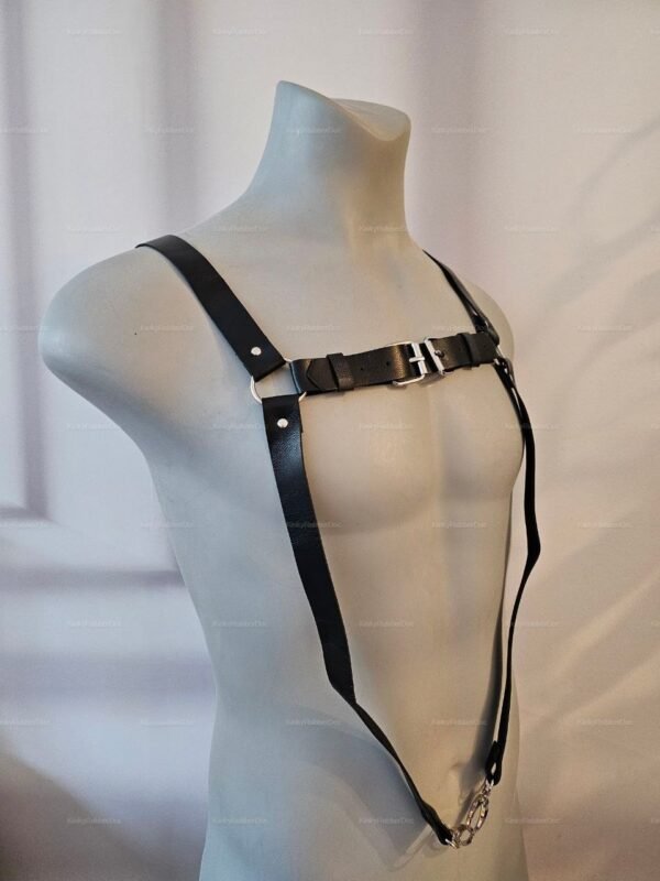 Front view of an adjustable black leather harness with metal buckles.