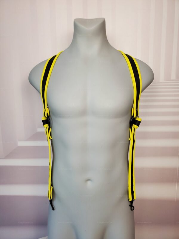 Sleek yellow and black neoprene harness with adjustable straps.