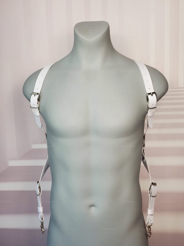 Sleek white adjustable harness with metallic accents.