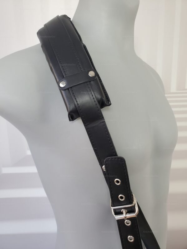Black leather BDSM leg loops strap harness with adjustable buckles and sleek silver accents.