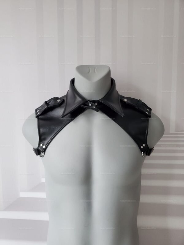 Black faux leather short harness with collar detail and adjustable straps.