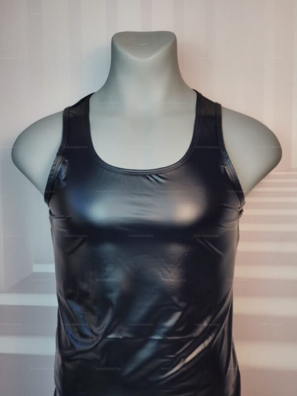 Black faux leather tank top with a glossy finish.
