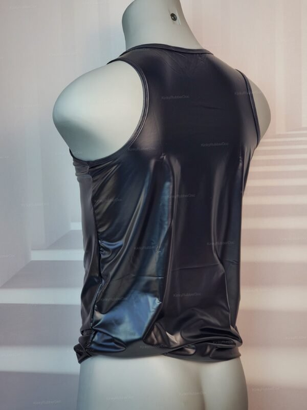 Sleek black faux leather tank top with a glossy finish, showcasing its smooth back design.