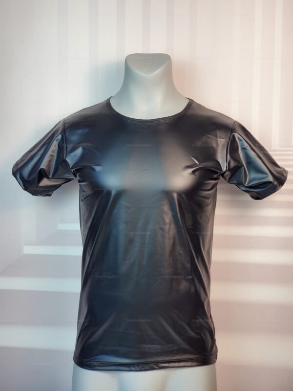 Sleek black faux leather t-shirt with a glossy finish, perfect for fetish wear.