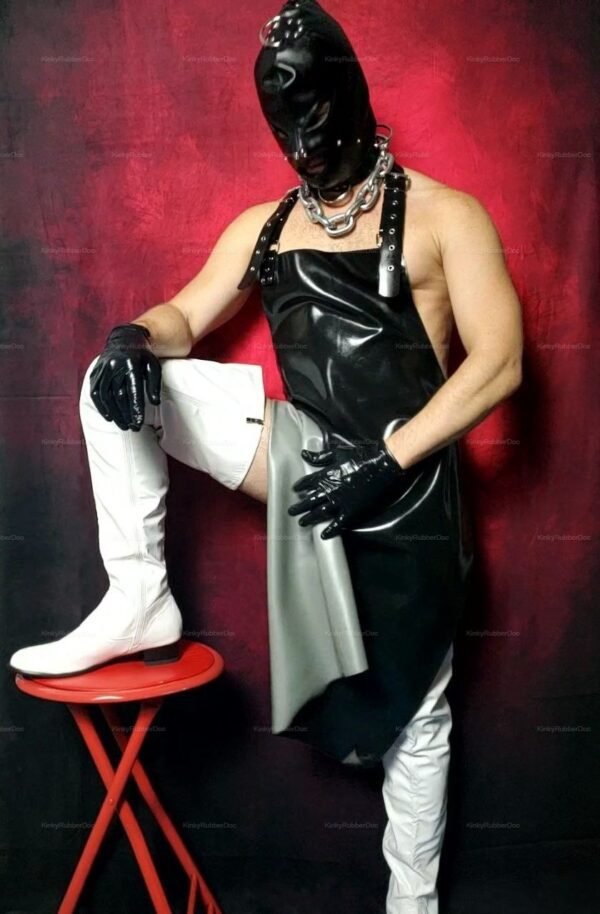 Black and gray latex apron with double-sided design paired with white boots, exuding a bold fetish fashion statement.