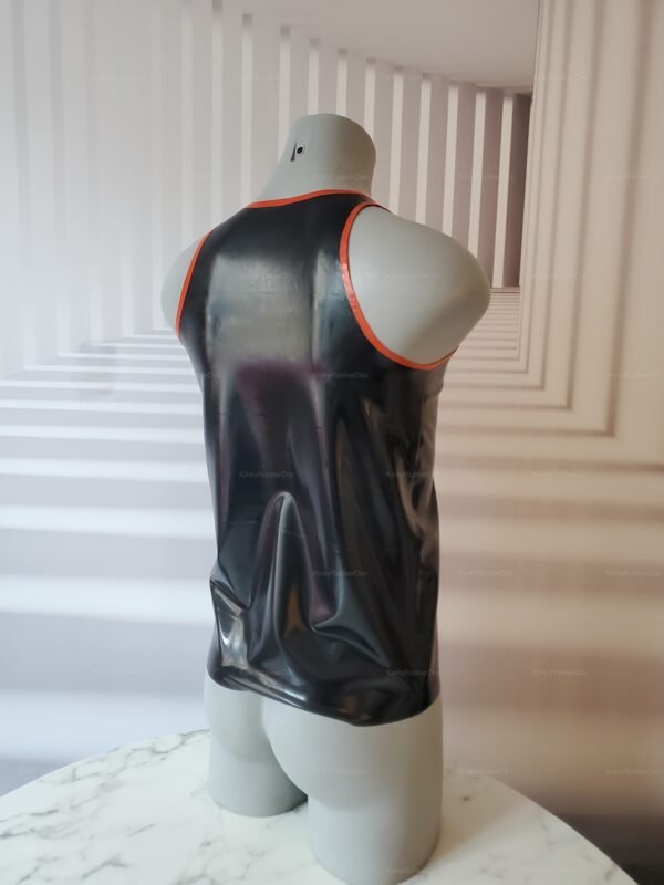 Sleek black latex muscle shirt with orange edging for bold clubwear vibes.