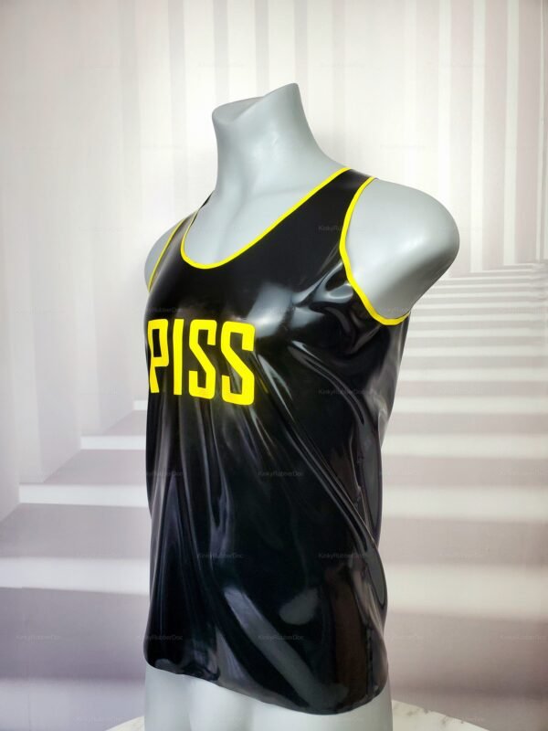 Black Custom Text Latex Tank Top with bold yellow lettering and trim.