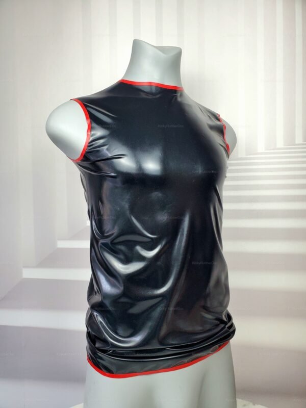 Black latex sleeveless T-shirt with red trim detail, designed for a bold and edgy look.