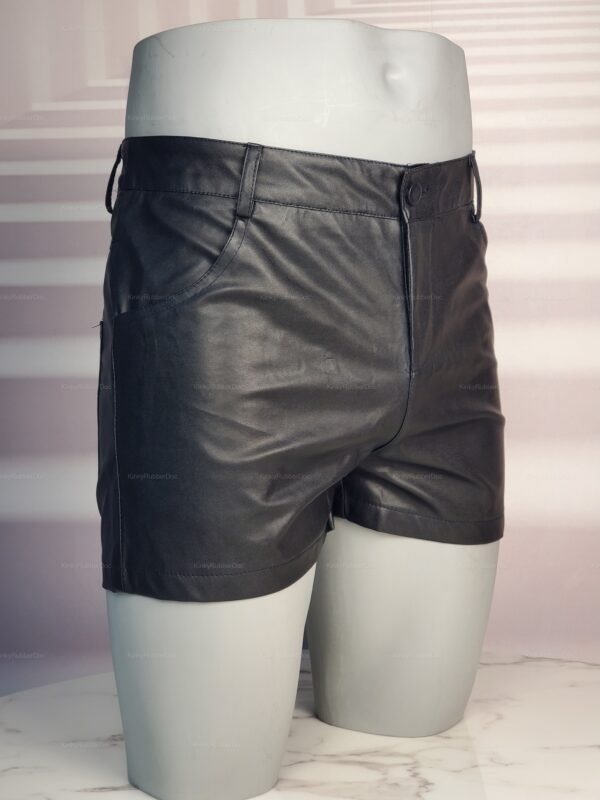 Men's black faux Leather Comrade Shorts with strong material, front view.