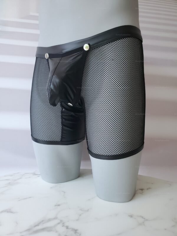 Black mesh shorts with open back and sleek leather accents, designed for fetish fashion.