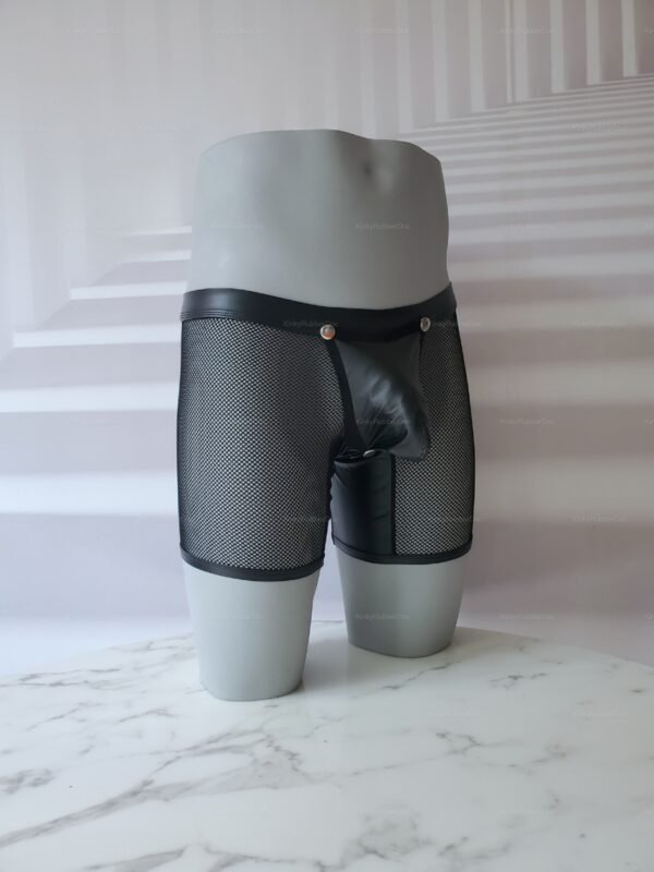 Black mesh shorts with a removable pouch front, featuring sleek faux leather accents.