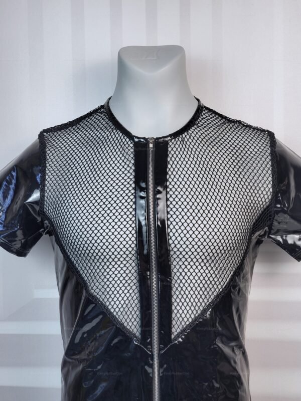 Black PVC and fishnet shirt with front zipper.