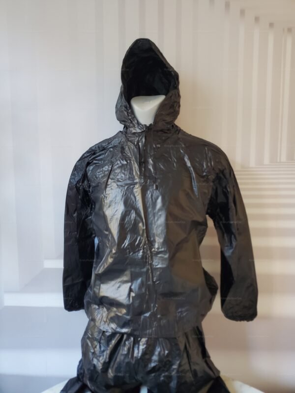 Shiny black PVC hoodie with a sleek, crinkled texture.