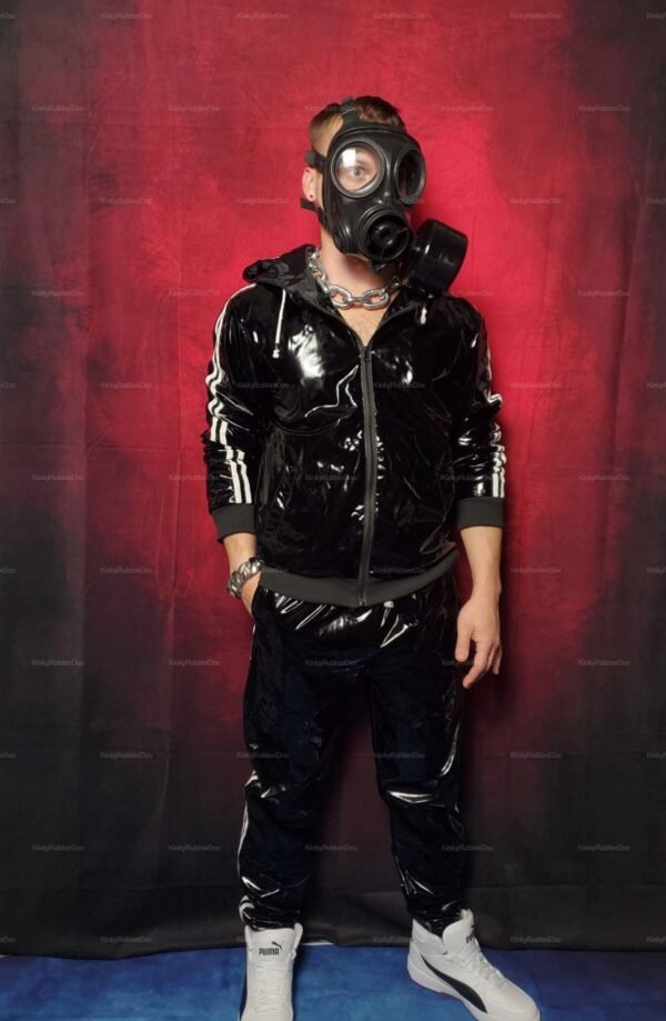 Sleek black PVC jacket and pants set with sporty stripes and a bold vibe.