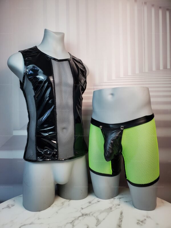 Black PVC tank top with see-through mesh sides and neon green mesh shorts with black PVC pouch.